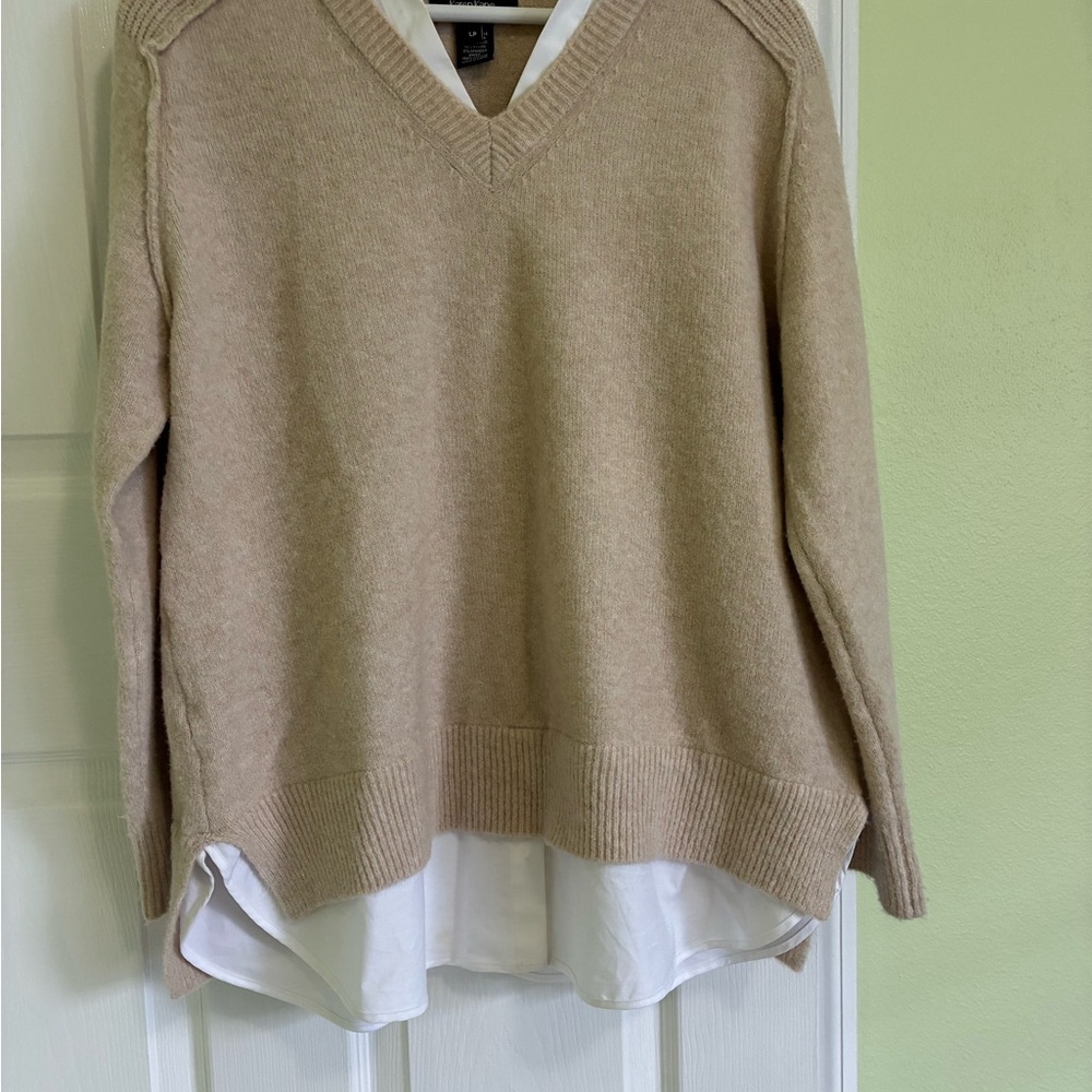 Beige V-Neck Sweater with Layered Hem